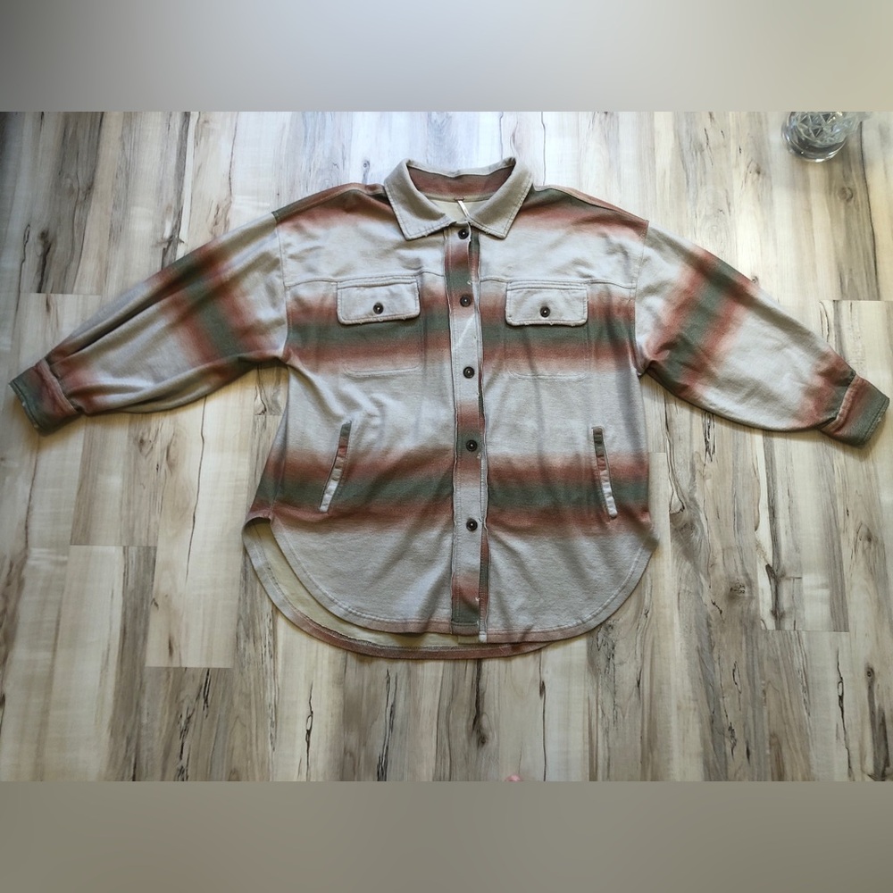 Free People Ruby Jacket XL Ombre Serape Stripe Oversized Shacket Elbow PatchBoho